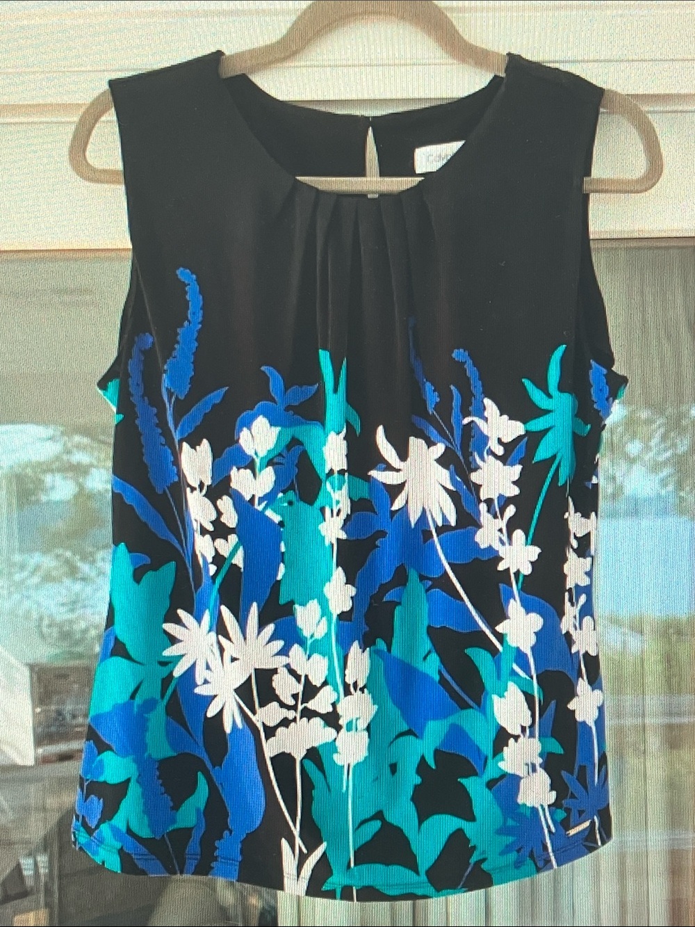Calvin Klein Black Floral Print Sleeveless Camisole with Blue & Teal Blooms